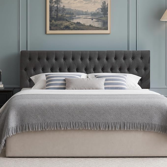 Tufted Upholstered Full Size Bed Headboard in Modern Button Design, Adjustable Solid Wood Head Board, Premium Linen Fabric Padded Headboards in Bedroom (Dark Grey)