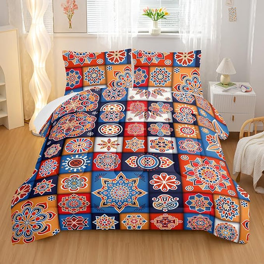 Modern Bohemia Comforter Sets Twin Size,Square Montage Pattern Bedding Set for Your Room,Abstract Soft Lightweight Quilted Set All Season 1 Comforter and 2 Pillowcases