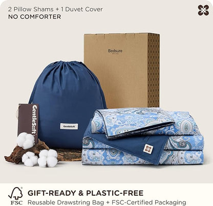 Bedsure Duvet Cover Queen Size - 100% Cotton Reversible Classic Paisley Damask Pattern Duvet Cover Set, 3 Pieces Soft & Breathable PureWoven Bedding Set with 2 Pillow Shams (Blue Paisley 104"x90")