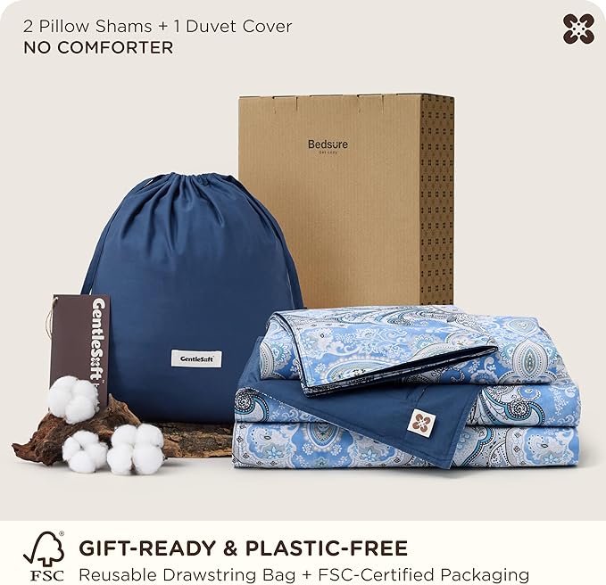 Bedsure Duvet Cover Queen Size - 100% Cotton Reversible Classic Paisley Damask Pattern Duvet Cover Set, 3 Pieces Soft & Breathable PureWoven Bedding Set with 2 Pillow Shams (Blue Paisley 90"x90")
