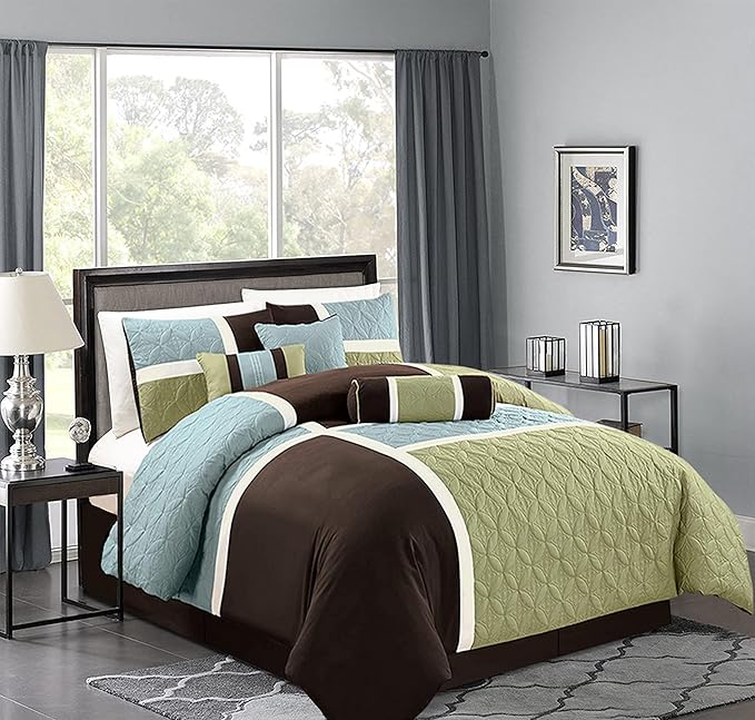 Chezmoi Collection 7-Piece Quilted Patchwork Comforter Set, Coffee Brown/Aqua Blue/Sage Green, King