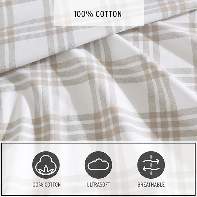 Eddie Bauer - Twin Sheet Set, Cotton Percale Bedding Set, Super Soft and Bedding Set, Oeko-Tex Certified (Basic Plaid Beige, Twin)