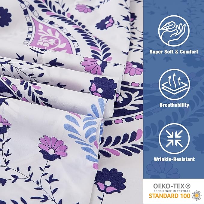 JSD Paisley Floral Printed Sheet Set King Size, 4 Piece Soft Pattern Microfiber Sheets Extra Deep Pocket