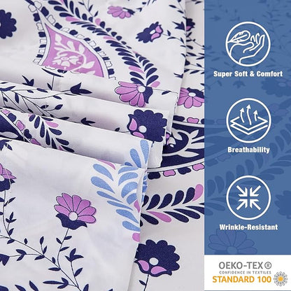 JSD Paisley Floral Printed Sheet Set Full Size, 4 Piece Soft Pattern Microfiber Sheets Extra Deep Pocket
