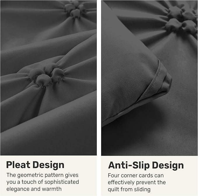 UNIKOME Queen Comforter Set Dark Gray - Ultra Soft Boho Pintuck Down Alternative Bedding Set for All Seasons, 3 Pieces Lightweight Warm Pinch Pleat Bed Set with Comforter, 2 Pillowcases