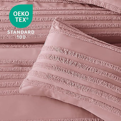 BEDELITE Boho King Size Comforter Set - Dusty Pink Tufted Striped Bed Set 3 Pieces, Soft Vintage Farmhouse Comforter for All Seasons, Boho Home Decor,Fluffy Jacquard Bedding with Pillow Sham