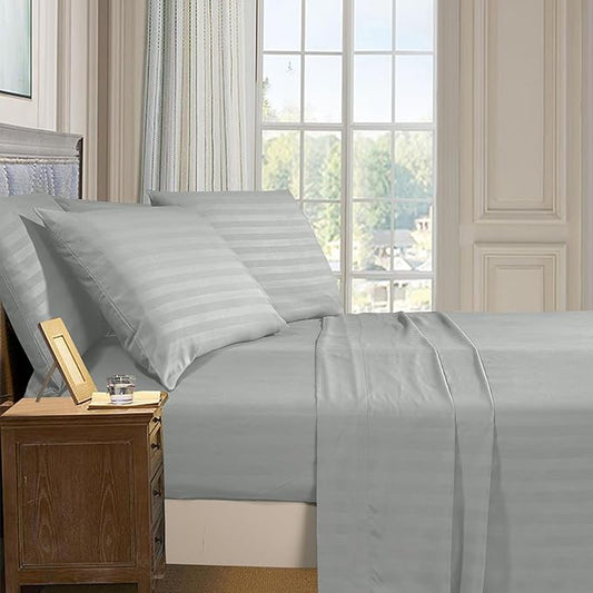 Elegant Comfort Softest and Coziest 6-Piece Sheet Set - 1500 Premium Hotel Quality Microfiber - Deep Pocket, Wrinkle Resistant 6-Piece Damask Stripe Bed Sheet Set, Queen, Silver