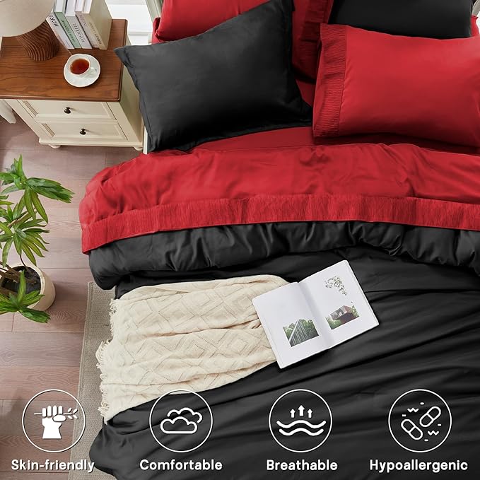 Anluoer Black and Red King Comforter Set 7 Pieces, Bed in a Bag with Sheets, All Season Bedding Sets with 1 Comforter, 2 Pillow Shams, 2 Pillowcases, 1 Flat Sheet, 1 Fitted Sheet
