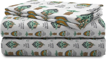 Jay Franco Kids Sheet Cartoon Set with Fitted, Flat Sheets & Pillow Cover - Ultra-Soft Bedding with Pillowcase for Room Decor, White - Mandalorian, 4 Piece Queen