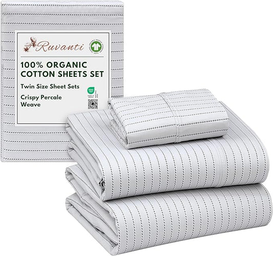 RUVANTI 100% Organic Cotton Sheets Twin Size, Percale Weave, GOTS Certified, 3-Piece Set, Deep Pocket 15", Crisp & Breathable, Soft Durable Bedding, Sábanas Algodón Orgánico – Construction Line