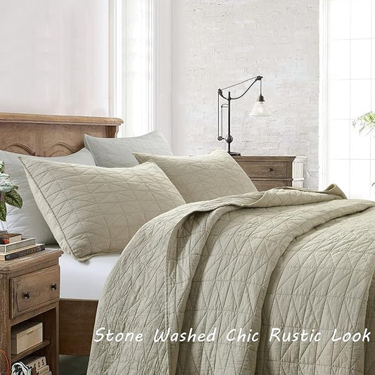 HORIMOTE HOME Quilt Set King Size, Stone-Washed Chic Rustic Beige Coverlet with Classic Triangle Stitched Pattern, Ultra Soft Lightweight Quilted Bedspread for All Season, 3 Pieces