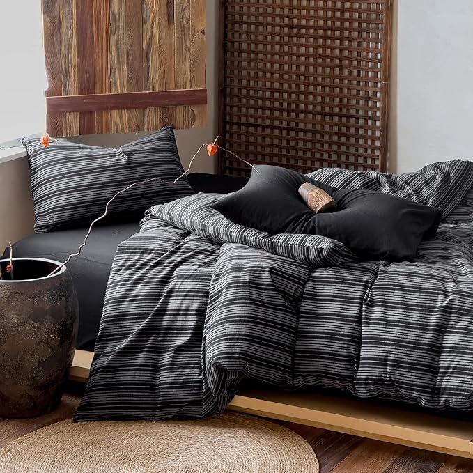 EAVD Retro Black Striped Duvet Cover Queen Soft 100% Washed Cotton Reversible Striped Pattern Bedding Set with 2 Pillowcases Farmhouse Geometric Duvet Cover with Zipper Closure