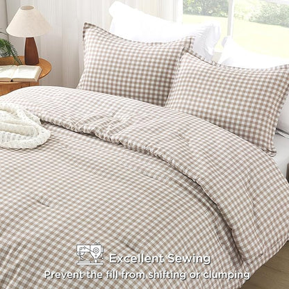 Andency Tan Gingham Comforter Set Queen(90x90Inch), Brown Checkered Grid Plaid Buffalo Bed Set for Girls Boys Kids Teens, 3 Pieces Lightweight Polyester Geometric Preppy Bedding