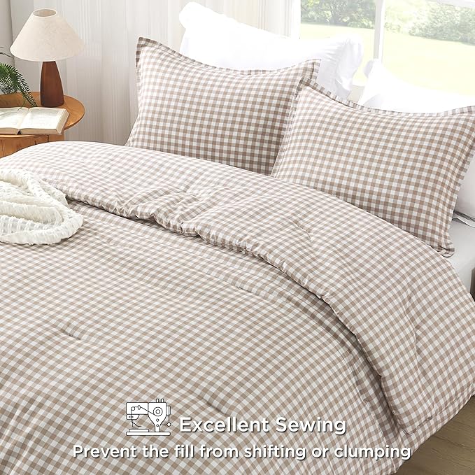 Andency Tan Checkered Comforter King(104x90Inch), Plaid Gingham Buffalo Grid Bedding Comforter Sets for Boys Kids Teens, 3 Pieces Lightweight Polyester Geometric Preppy Bed Set