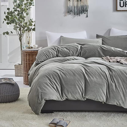 Cottonight Grey Velvet Comforter Set King Plush Fluffy Gray Bedding Set Winter Warm Cozy Super Soft Heavyweight Flannel Comforter Set with 2 Pillowcases Soft Comfy for Women Men Adults
