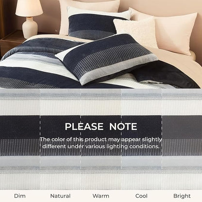 Litanika Fluffy Fleece King Size Comforter Set, Luxury Soft Plush Fuzzy Black Blue Stripe Bedding Comforter Sets, Warm Shaggy Faux Fur Bed Set All Season (1 Comforter, 2 Pillowcases)