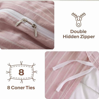 Bedbay Dusty Rose Striped Duvet Cover Set King Size, 100% Cotton Sateen Bedding Set, 300TC Soft Minimal Hotel Style Comforter Cover 3 Pieces for All Seasons