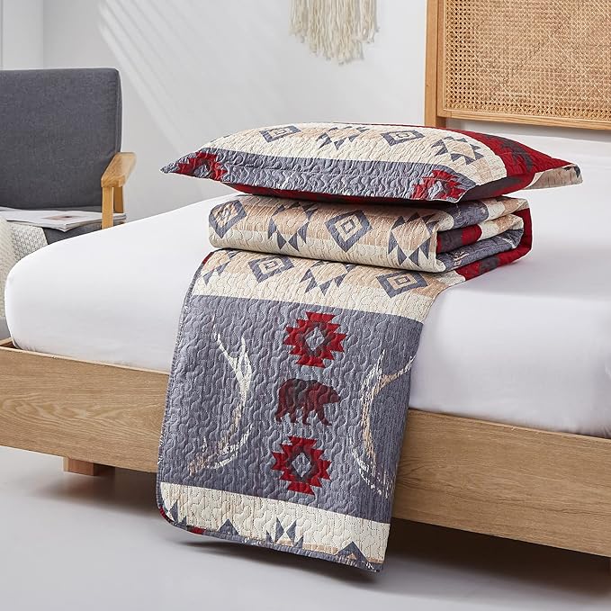 Ycosy Lodge Bear Quilt Set Full/Queen Size Cabin Rustic Bedspread Coverlets Reversible Quilts Lightweight Lodge Bedding Set Bear Sunset Printed Bed Covers,1 Quilt + 2 Pillow Shams