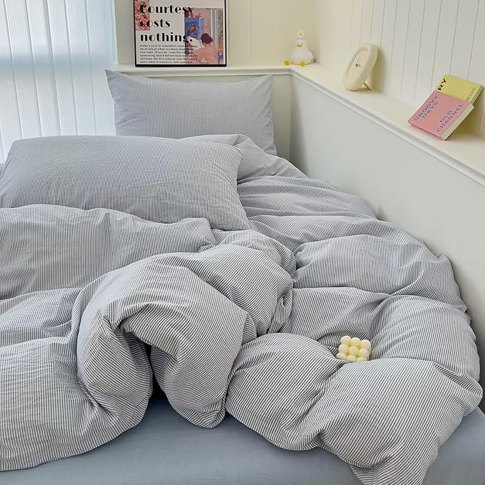 MKXI Ultra-Breathable Washed Cotton Duvet Cover Set, Full 3-Piece Set - Fine Blue & White Stripes - Textured, Comfy Bedding - Coastal, Farmhouse, Minimalist Style