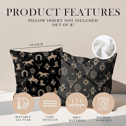 Boho Western Cow Bull Longhorn Skull Pillow Cover 18 x 18 Set of 2,with Bohemian Aztec Pillow Cover,Westen Cow Skull Bedroom Decor,Cows Decorations for Home