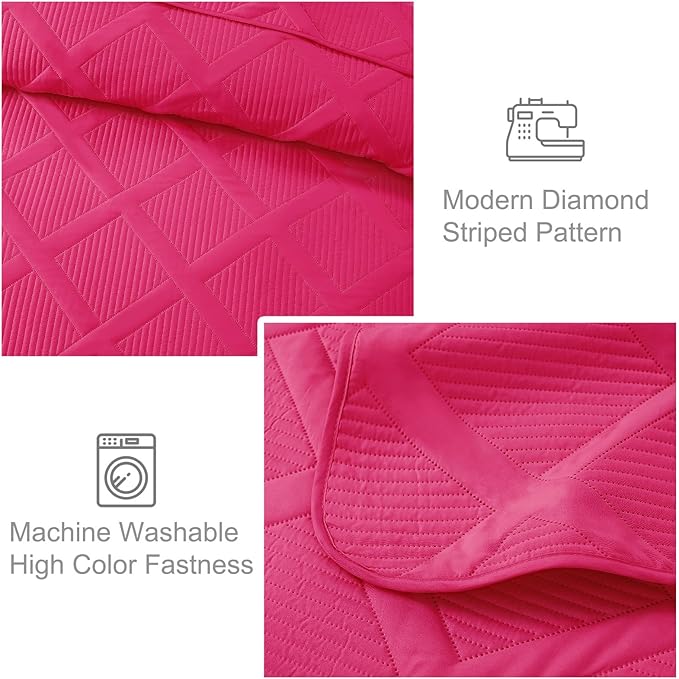 Exclusivo Mezcla Twin Size Quilt Set - Hot Pink Quilts Bedding Set with 2 Pillow Shams, Modern Bedspread with Striped Pattern, Soft Lightweight Bedspreads Coverlets for All Seasons