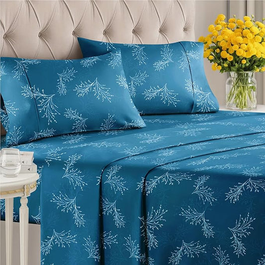 Floral Sheets - Blue & White Floral Bed Sheet Set - 1 Flat, 1 Fitted & 2 Pillowcases w/ Deep Pockets - Wrinkle & Fade Free - Boho Botanical Bedding - Ultra-Soft, Breathable & Cooling - King Size Set