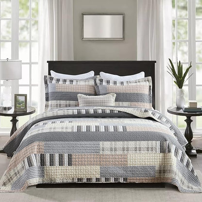 PANGUSHAN Quilt Set Queen Size, 100% Cotton Quilt Bedding Set Bedspreads, Patchwork Plaid Farmhouse Reversible Lightweight Comforter Bed Spread for Queen Bed, Gray/Brown, 3 Pieces