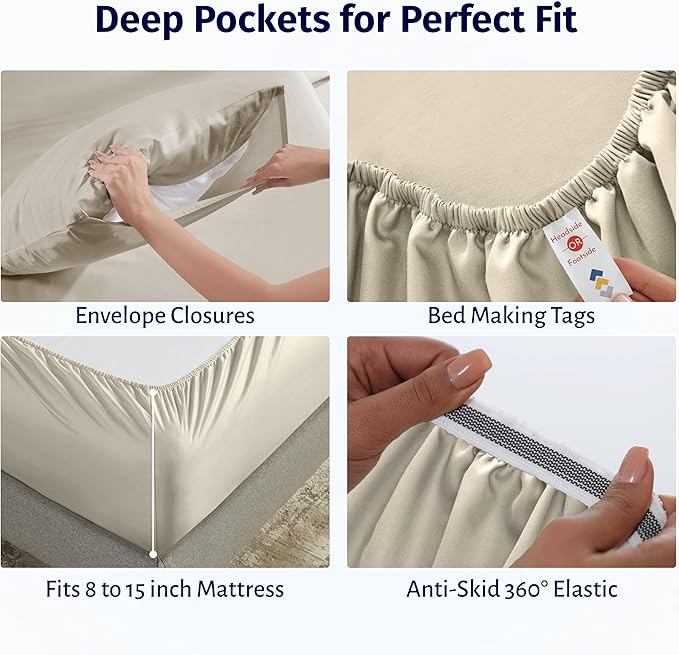 California Design Den Certified 100% Egyptian Cotton Sheets Full Size Bed - Lightweight Cotton Percale Sheets Full Size Set with Deep Pockets, Crisp & Durable Luxury Bedding Set - Beige