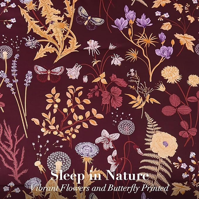 Yiran King Size Comforter Set 7 Piece, Burgundy Floral Bedding Set, Lightweight Bed in a Bag King with Botanical Flowers Spring, Soft Warm Dark Red Comforters with Sheets Complete for All Season