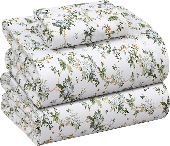 RUVANTI 100% Cotton Sheets – Twin Size Percale Bedding, Cooling & Breathable Floral Design, Durable with a Crisp, Soft & Comfortable Feel, 16" Deep Pocket, 3-Piece Set, Heritage