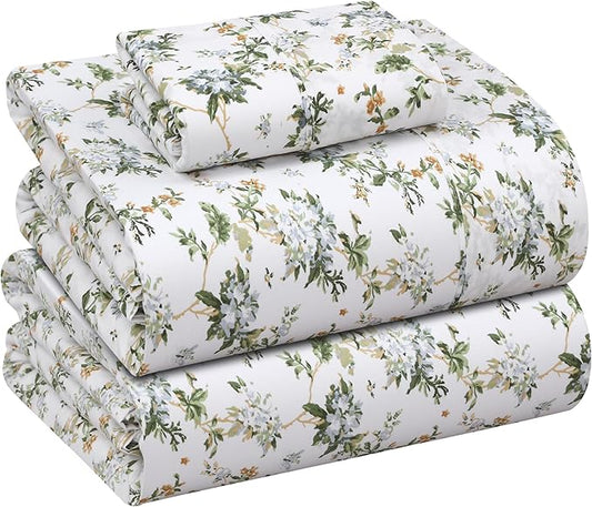 RUVANTI 100% Cotton Sheets – Twin Size Percale Bedding, Cooling & Breathable Floral Design, Durable with a Crisp, Soft & Comfortable Feel, 16" Deep Pocket, 3-Piece Set, Heritage