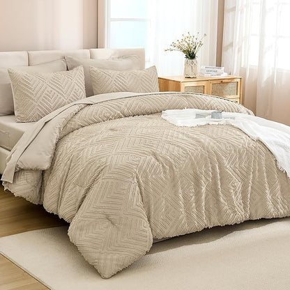 Andency Oversized Queen Size Comforter Set with Sheets Khaki - 7 Pieces Bed in a Bag Oversized Queen Boho Tufted Lightweight Bedding Sets with Comforter, Sheets, Pillowcases & Shams