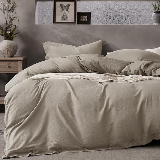 JELLYMONI Cotton Duvet Cover Twin Size - Taupe Comforter Cover with Button 100% Washed Cotton 2PCS Breathable Soft Solid Bedding Set Duvet Cover 68×90in & 1 Pillowcases (NO Comforter)