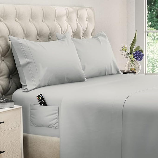 DREAMCARE Full Size Sheets - Cooling Bed Sheets - 4pcs Set - up to 15" Deep Pocket Full Sheet Set - Sheets Full Size Bed - Soft & Long Lasting 100% Fine Brushed Polyester with Side Pocket - LightGray
