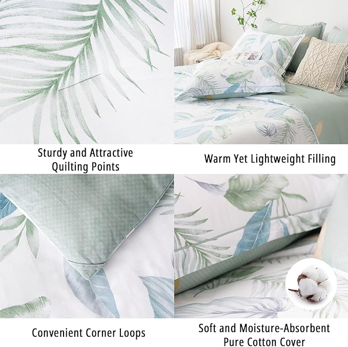 Botanical Cotton Comforter King Size - Sage Green Comforter Printed with Leaves & Ferns on White,Reversible Light-Weight Bedding Sets 3Pcs(Leaves,104"×90")