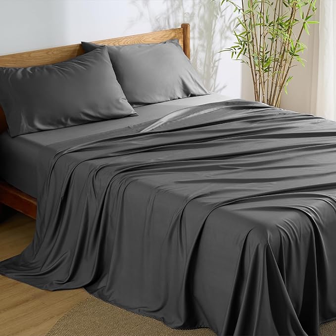 Bedsure Queen Sheet Set, Rayon Derived from Bamboo, Cooling Sheets, PureWoven, Breathable & Soft, Deep Pocket Up to 16 Inches, Hotel Luxury Silky Bedding for Hot Sleepers, Grey