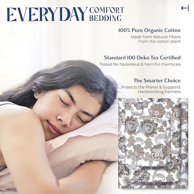 Mayfair Linen 100% Organic Cotton Printed Sheets King Size - Percale Weave Cotton King Size Sheet Set (4 PC, Floral Ivory), Soft & Crisp, GOTS Certified, Cooling Sheets, 16" Deep Pocket