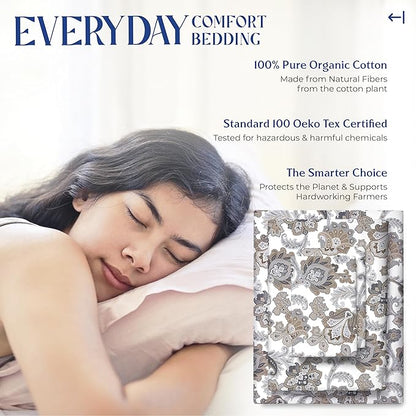 Mayfair Linen 100% Organic Cotton Printed Sheets King Size - Percale Weave Cotton King Size Sheet Set (4 PC, Floral Ivory), Soft & Crisp, GOTS Certified, Cooling Sheets, 16" Deep Pocket