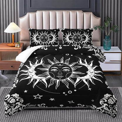 Boho Queen Comforter Set for Girls - Bohemian Gothic Western Hippie Bedding Decor - Black and White Sun and Moon Design