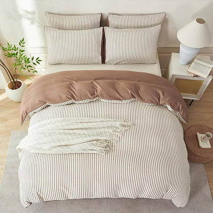 Comforter Set King Dark Brown Striped Soft Luxury Washed Microfiber Jacquard 3 Pieces Bedding, White Dark Brown Vertical Ticking Stripes Comforter with 2 Pillowcases Breathable Durable Comfy