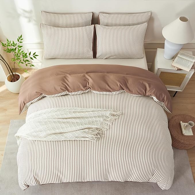 Comforter Set Queen Size Striped Soft Luxury Washed Microfiber Jacquard 3 Pieces Bedding, White Dark Brown Vertical Ticking Stripes Comforter with 2 Pillowcases Breathable Durable Comfy
