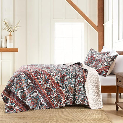 Horimote Home Boho Quilt King Size, Reversible Bohemian Style Twill Strip Floral Quilt Beddding Set, Colorful and Soft Bedspread Oversized King Quilt Coverlet for All Season, 2 Pillow Shams (3 Pieces)