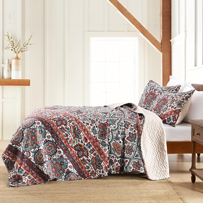 HORIMOTE HOME Boho Quilt Queen Size, Reversible Bohemian Style Twill Strip Floral Quilt Beddding Set, Colorful and Soft Bedspread Full Size Quilt Coverlet for All Season, 2 Pillow Shams (3 Pieces)