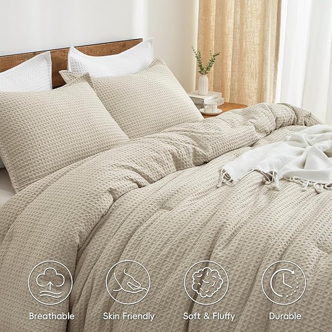 PHF Ultra Soft Waffle Weave Comforter Set California King Size, 3 Pieces Lightweight Breathable Comfy Bedding Set, Comfy Textured 1 Comforter with 2 Pillow Shams, Linen