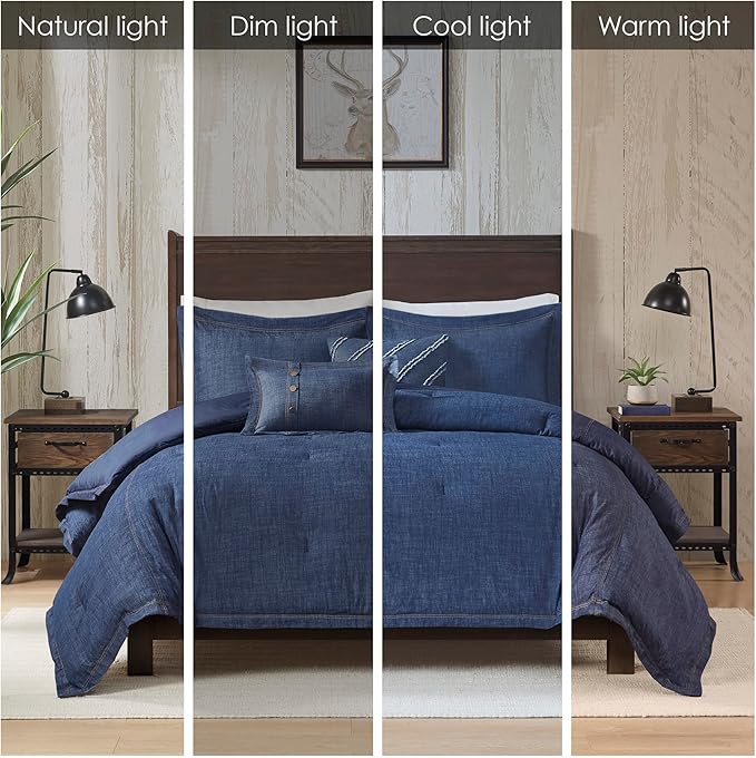 Woolrich Rustic Lodge Cabin Comforter Set - All Season Down Alternative Warm Bedding Layer and Matching Shams, Oversized King, Perry, Denim Blue