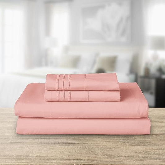 Elegant Comfort Luxurious 1500 Premium Hotel Quality Microfiber Three Line Embroidered Softest 4-Piece Bed Sheet Set, Wrinkle and Fade Resistant, King, Dusty Rose