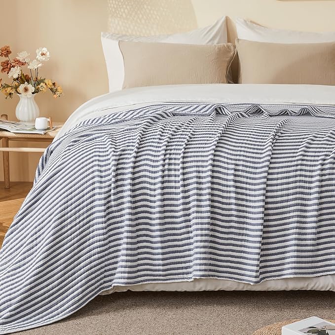 EMME Cotton Muslin King Blanket Bed Layering Bedspread Coverlet Breathable Gauze Soft Lightweight (Striped Navy, 108"x90")