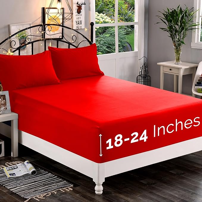 Elegant Comfort 1500 Premium Quality Fitted Sheet Ultra Soft 18-24 Inch Extra Deep Pocket - Single Fitted Sheet for High Mattress - Wrinkle Free with Smart Storage Pockets, King, Red