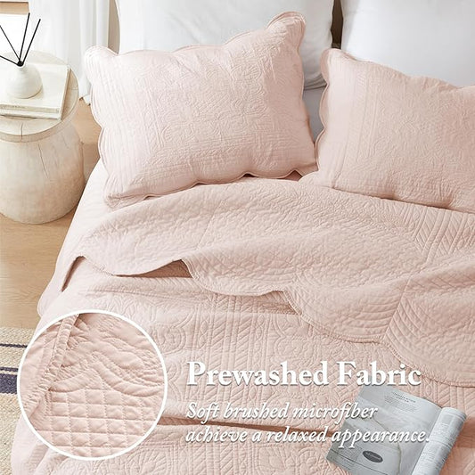 Madison Park Queen Quilt Set Damask Coverlet Set for Queen Size Bed, Cottage Oversized Quilt Set, Scallop Edge, All Season, Pre-washed Cotton-Filled Queen Size Quilt, Tuscany, Full/Queen Blush 3 Piece