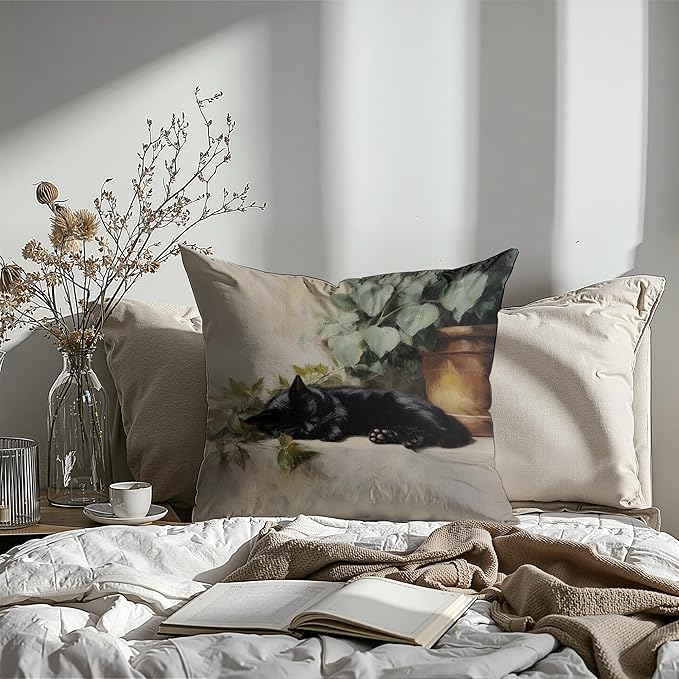 Vintage Sleeping Black Cat Throw Pillow Covers 18x18, cat Gifts for Women,Rustic Farmhouse Decor, Gothic Moody Black Kitten Pillowcase，Aesthetic Black Cats Vintage Cats Decor